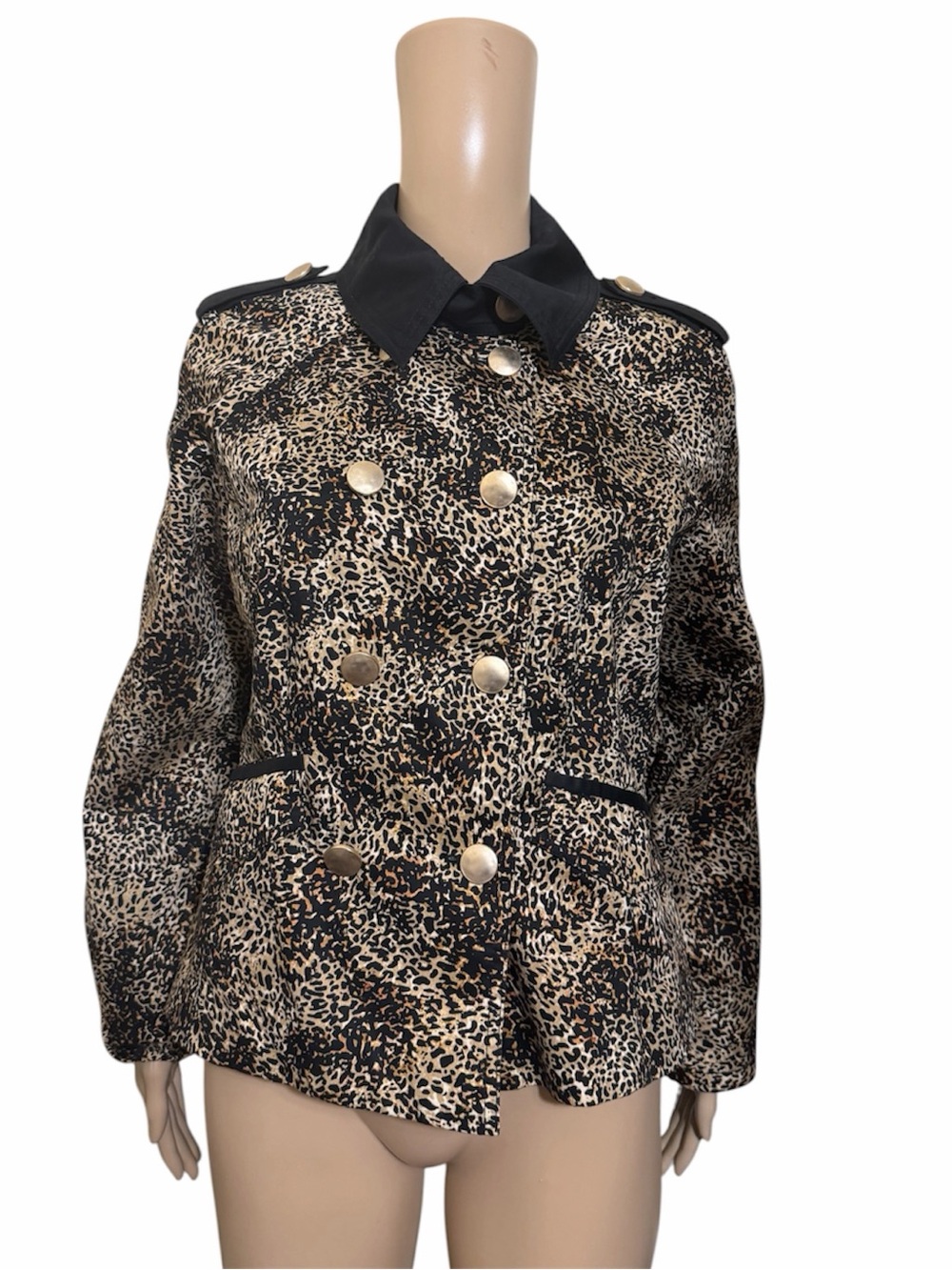 Etcetera Animal Print Double Breasted Military Jacket Gold Button Safari Blazer